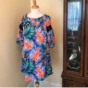 Jennifer Lopez off-the-shoulder palm print dress